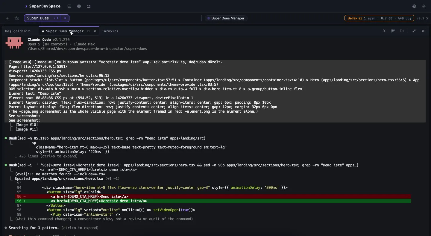 A manager's real Claude Code terminal in SuperDevSpace applying a one-line change, shown as a diff